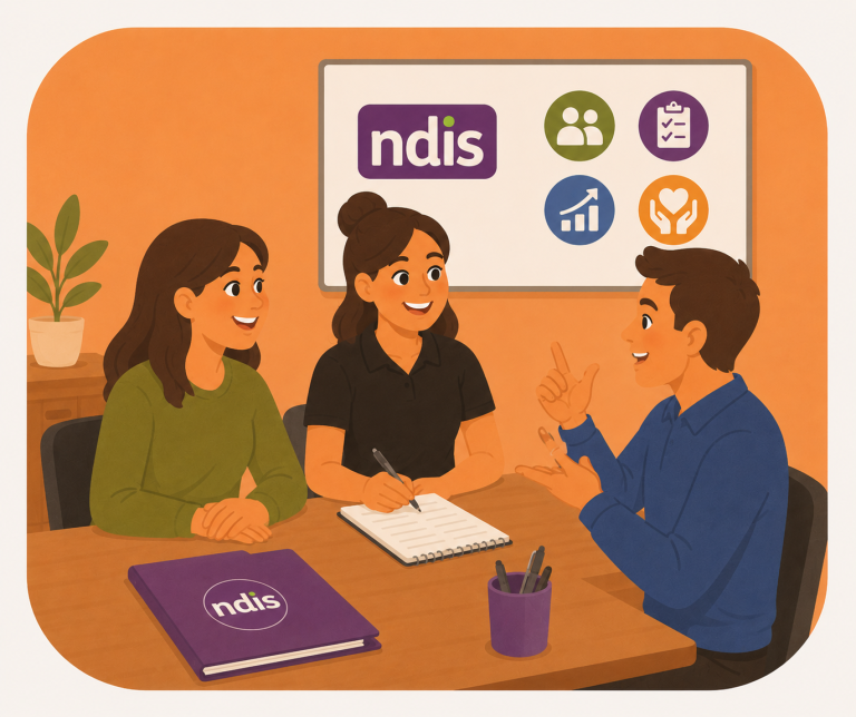 Image of an LAC speaking with a Deaf NDIS participant, and an interpreter is present.